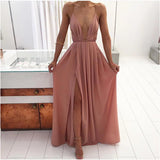 Sexy Pink Backless V-Neck Halter Sleeveless Prom Dress