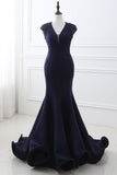 Elegant Mermaid V-Neck Cap Sleeve Pearls Satin Court Train Prom Dress Party Dress WH28248