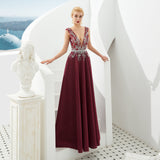 Stunning A Line Deep V-Neck Sleeveless Beading Tulle Floor Length Prom Dress WH61330