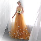 Elegant Strapless Butterfly Appliques Satin Court Train Prom Dress With Belt WH22654