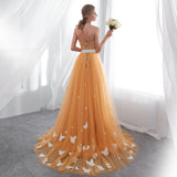 Elegant Strapless Butterfly Appliques Satin Court Train Prom Dress With Belt WH22654