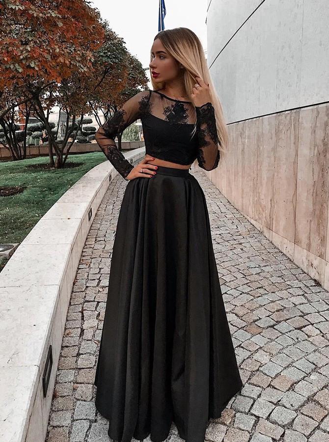 Two Piece Black Long Sleeve Scoop Jewel Appliques Prom Dresses with Satin PW683
