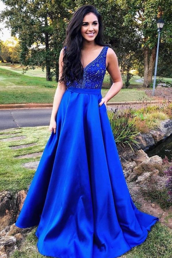 A Line Royal Blue Straps Satin Beads Prom Dresses with Pockets Long Formal Dresses PW748