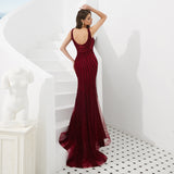 Mermaid V-Neck Beads Sleeveless Burgundy Tulle Prom Dress WH70303