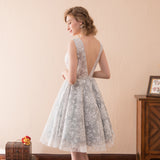 A Line V-Neck Grey Lace Homecoming Dress With Flowers H17602