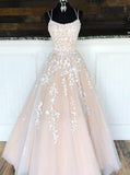 Elegant A Line Spaghetti Straps Appliques Prom Dresses PD1114