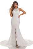 Elegant Lace Mermaid Sleeveless Chapel Trailing Open Back Wedding Dresses