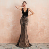 Gorgeous Mermaid Deep V-Neck Sleeveless Sequins Tulle Sweep Train Prom Dress WH37358