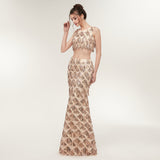 Two Pieces Mermaid Gold Sequins Sleeveless Prom Dress