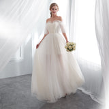 A Line Off The Shoulder Short Sleeves Court Train Wedding Dress WH22662