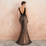 Gorgeous Mermaid Deep V-Neck Sleeveless Sequins Tulle Sweep Train Prom Dress WH37358