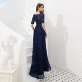 Unique Column Half Sleeve Beading Navy Blue Lace Prom Dress WH43305