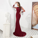 Gorgeous Mermaid Long Sleeves Beading Burgundy Satin Prom Dress WH49306