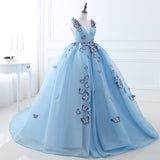 Cute Ball Gown V-Neck Sleeveless Appliques Tulle Court Train Prom Dresses WH26406