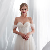 Elegant A Line Off The Shoulder Appliques Sweep Train Wedding Dress WH22664