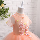 A Line Round Neck Short Sleeve Floral Tulle Flower Girl Dress WH14805