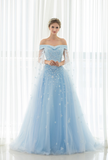 A Line Off The Shoulder Appliques Tulle Court Train Prom Dress Party Dress WH50525