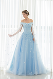 A Line Off The Shoulder Appliques Tulle Court Train Prom Dress Party Dress WH50525