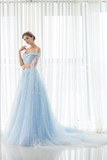 A Line Off The Shoulder Appliques Tulle Court Train Prom Dress Party Dress WH50525