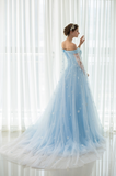 A Line Off The Shoulder Appliques Tulle Court Train Prom Dress Party Dress WH50525