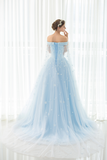 A Line Off The Shoulder Appliques Tulle Court Train Prom Dress Party Dress WH50525