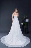 A Line Spaghetti Straps Appliques Chiffon Court Train Wedding Dress WH26283