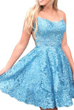 Cute Blue Straps A Line Lace Short Homecoming Dress