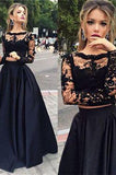 Black Two Pieces Long Sleeve A Line Lace Two Pieces Long Prom Dress