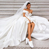 Ball Gown Off the Shoulder White Satin Wedding Dress Simple Cheap Wedding Gowns W1163