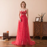 Shiny A Line Beading Red Tulle Prom Dress With Sequins Party Dress WH30604