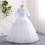 A Line Round Neck Half Sleeve Appliques Tulle Flower Girl Dress WH18804