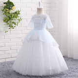 A Line Round Neck Half Sleeve Appliques Tulle Flower Girl Dress WH18804