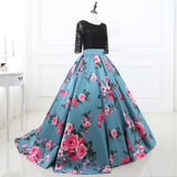 Ball Gown Half Sleeves Floral Satin Court Train Prom Dress Party Dress WH26403