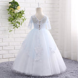 A Line Round Neck Half Sleeve Appliques Tulle Flower Girl Dress WH18804