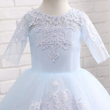 A Line Round Neck Half Sleeve Appliques Tulle Flower Girl Dress WH18804