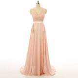 Sexy A Line Peach Lace Backless V-Neck Sleeveless Prom Dress