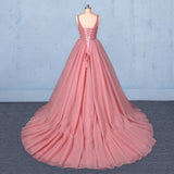 Ball Gown V-Neck Tulle Prom Dress with Beads Puffy Pink Sleeveless Quinceanera Dress P1251