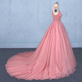 Ball Gown V-Neck Tulle Prom Dress with Beads Puffy Pink Sleeveless Quinceanera Dress P1251