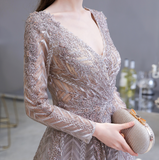 A Line V-Neck Long Sleeve Embroidery Beading Floor Length Tulle Prom Dress WH69448