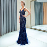 Mermaid V-Neck Sleeveless Sequins Beading Tulle Sweep Train Prom Dress Party Dress WH82691