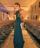 Halter Green Sleeveless Beaded Sheath Backless Evening Dresses PM606