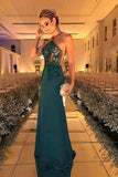 Halter Green Sleeveless Beaded Sheath Backless Evening Dresses PM606