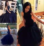 Mermaid Navy Scoop Sleeveless Prom Dresses with Beading PM666