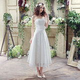 Chic A Line Strapless Appliques Lace Tea Length Prom Dresses WH28268