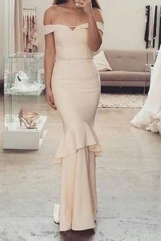 Off-the-Shoulder Sweetheart Mermaid Unique Champagne Long Bridesmaid Dresses PM596