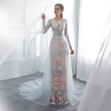 Elegant A Line Long Sleeve Lace Court Train Prom Dress With Flowers WH26652