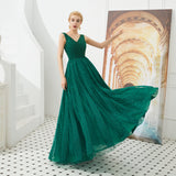 A Line V-Neck Sleeveless Appliques Beading Tulle Floor Length Prom Dress With Lace Up WH53340