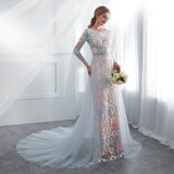 Elegant A Line Long Sleeve Lace Court Train Prom Dress With Flowers WH26652