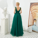 A Line V-Neck Sleeveless Appliques Beading Tulle Floor Length Prom Dress With Lace Up WH53340