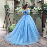 Gorgeous Ball Gown Off The Shoulder Appliques Tulle Court Train Prom Dress WH26240